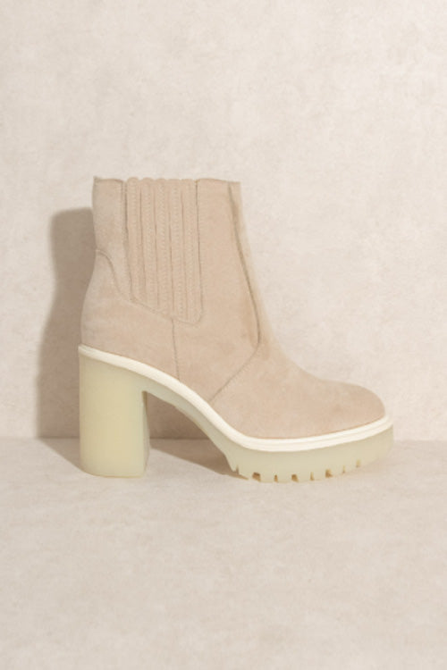 Nude Suede Chelsea Ankle Boots for Women - Clear Block Heel Platform Booties