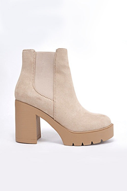 Nude Suede Chelsea Ankle Boots for Women - High Block Heel Platform Booties
