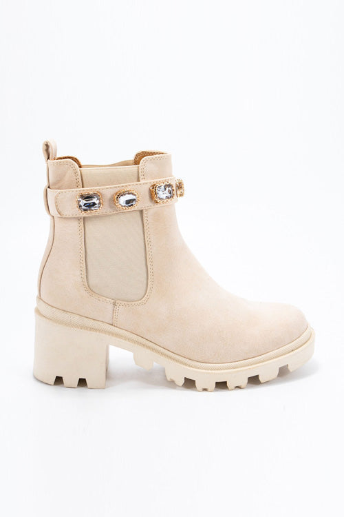 Rhinestone Ankle Chelsea Boots with Lug Sole Chunky Heel-Beige