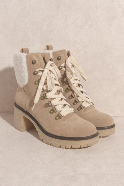 Nude Suede Sherpa-Lined Combat Boots for Women