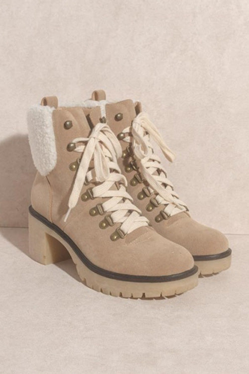 Nude Suede Sherpa-Lined Combat Boots for Women