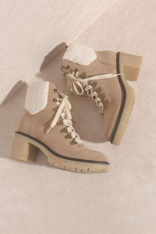 Nude Suede Sherpa-Lined Combat Boots for Women